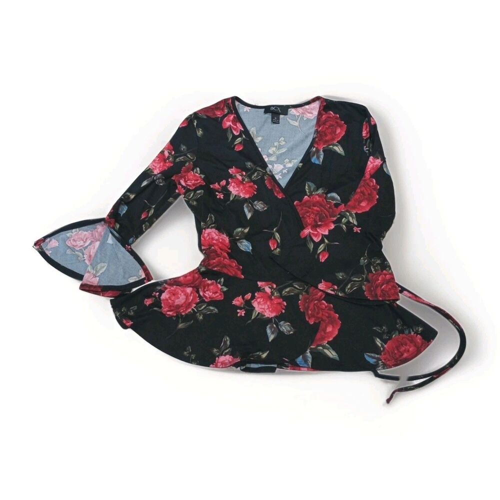 BCX Floral Cross Front Peplum Blouse With Bell Sleeve Cuffs Medium Black And Red